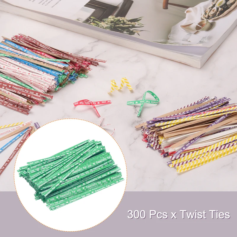 300 Pcs 4" Kraft Paper Twist Ties for Bread Candy Treat Bag, Green/White