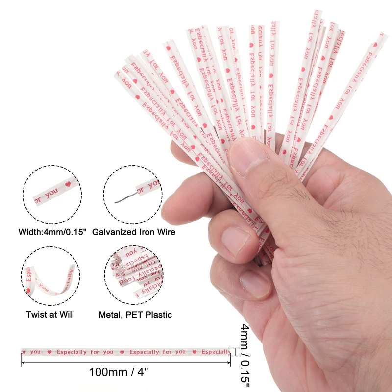 300 Pcs 4" Kraft Paper Twist Ties for Bread Candy Treat Bag, White/Red