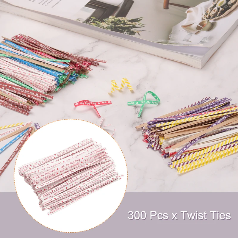 300 Pcs 4" Kraft Paper Twist Ties for Bread Candy Treat Bag, White/Red