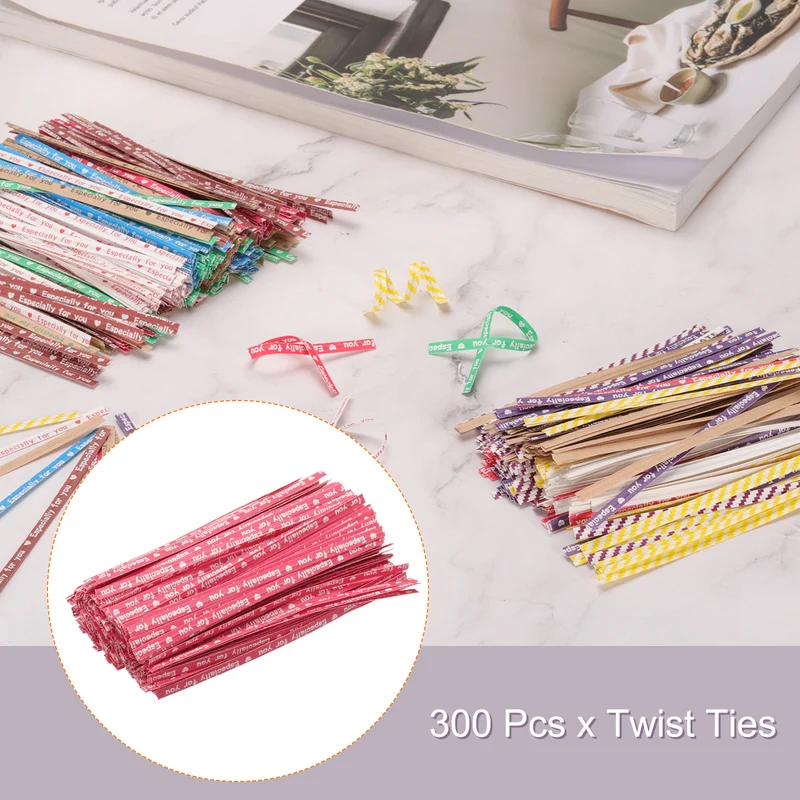 300 Pcs 4" Kraft Paper Twist Ties for Bread Candy Treat Bag, Red/White