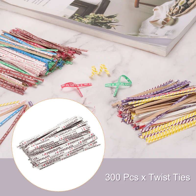 300 Pcs 4" Kraft Paper Twist Ties for Bread Candy Treat Bag, White/Brown