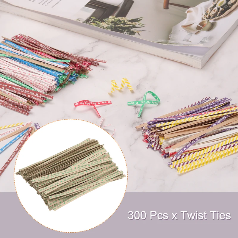 300 Pcs 4" Kraft Paper Twist Ties for Bread Candy Treat Bag, Brown/Green