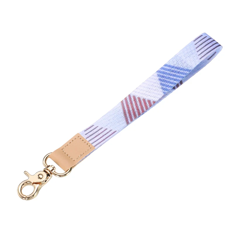 Wrist Lanyard Keychain, Braided Wristlet Strap with Gold Clasp, Blue Geometric