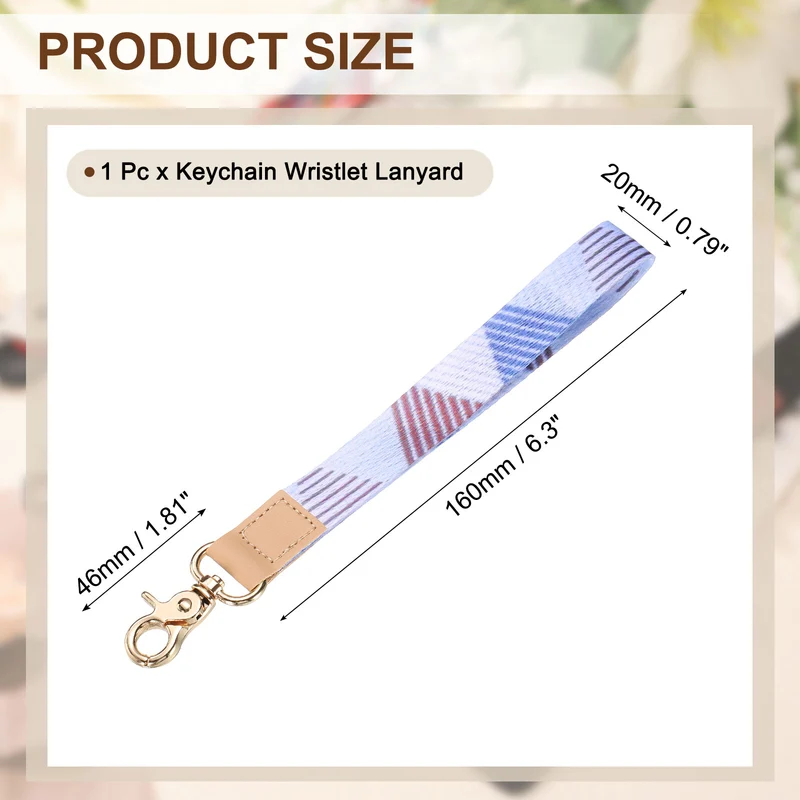 Wrist Lanyard Keychain, Braided Wristlet Strap with Gold Clasp, Blue Geometric