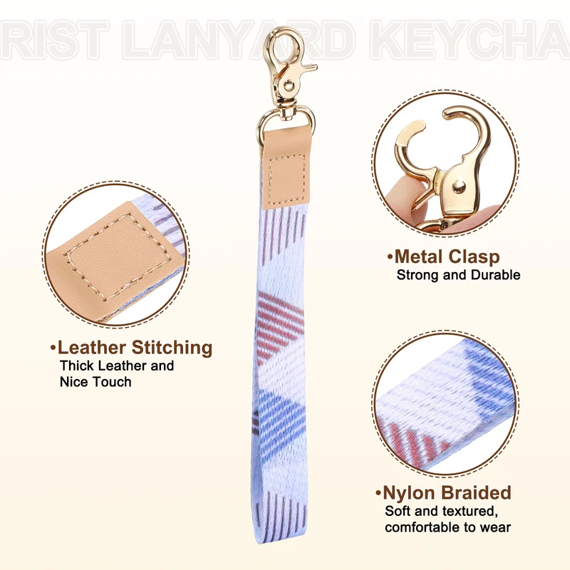 Wrist Lanyard Keychain, Braided Wristlet Strap with Gold Clasp, Blue Geometric