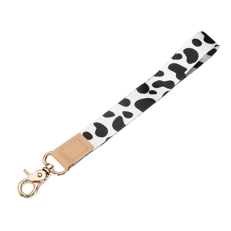 Wrist Lanyard Keychain, Braided Wristlet Strap with Gold Clasp, Cow Print