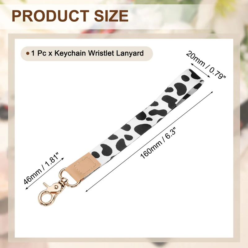 Wrist Lanyard Keychain, Braided Wristlet Strap with Gold Clasp, Cow Print