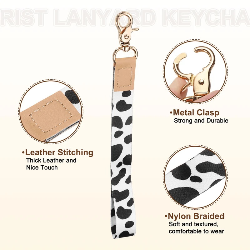 Wrist Lanyard Keychain, Braided Wristlet Strap with Gold Clasp, Cow Print