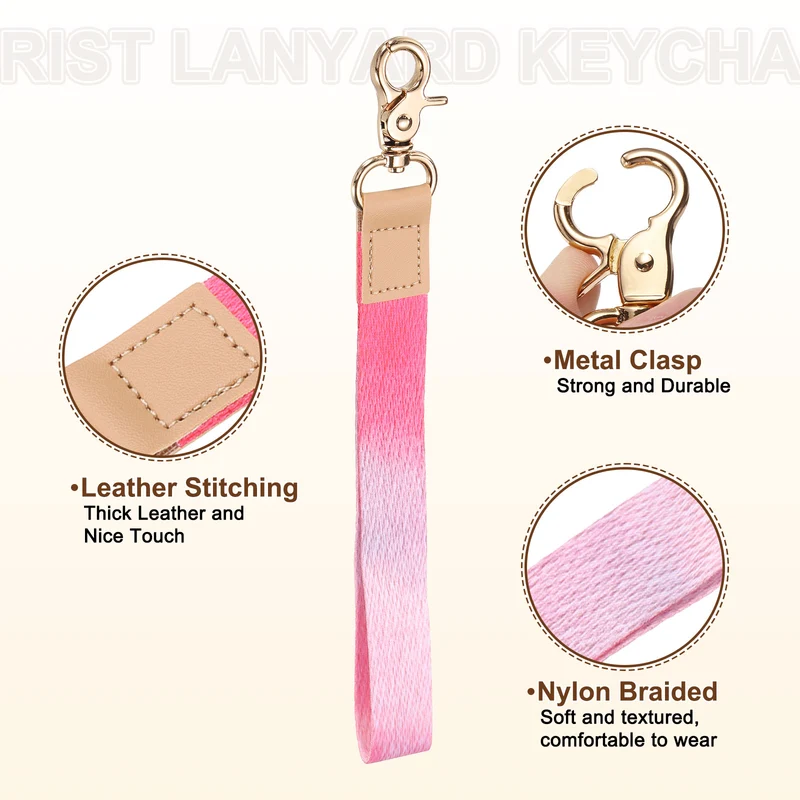 Wrist Lanyard Keychain, Braided Wristlet Strap with Gold Clasp, Gradient Pink