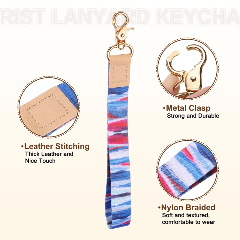 Wrist Lanyard Keychain, Braided Wristlet Strap with Gold Clasp, Gradient Color