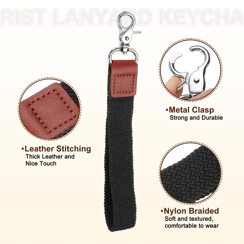 Wrist Lanyard Keychain Braided Wristlet Strap with Silver Clasp Black