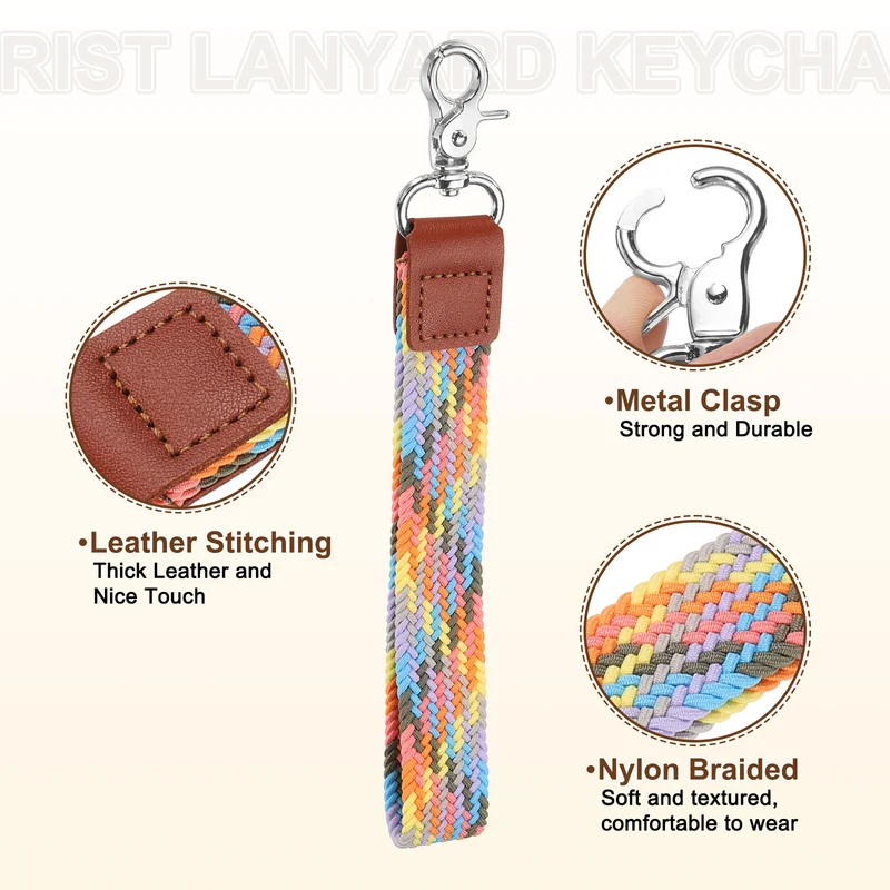 Wrist Lanyard Keychain Braided Wristlet Strap with Silver Clasp Colorful Pink