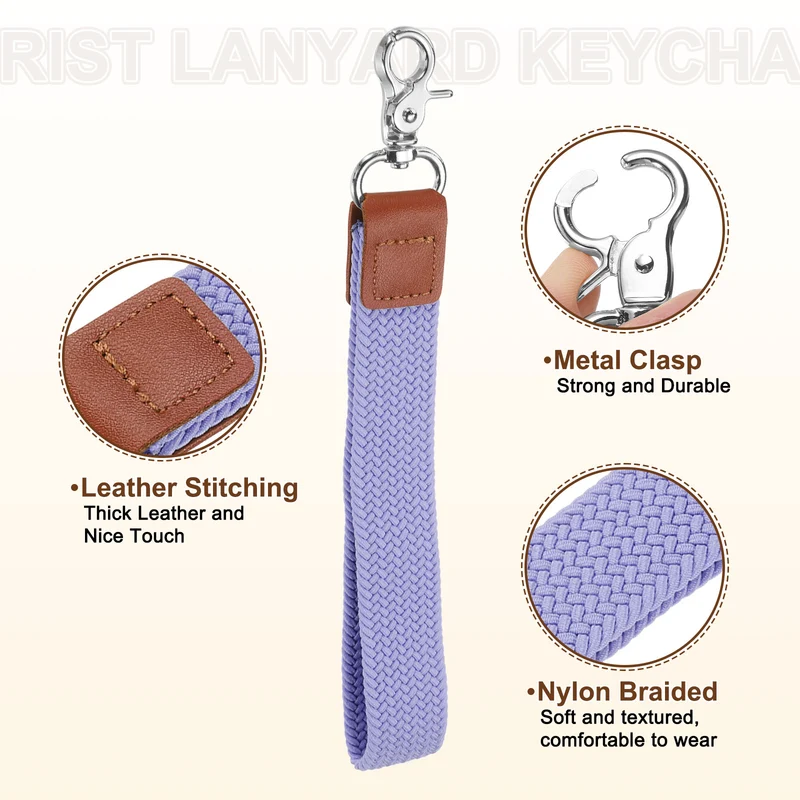Wrist Lanyard Keychain Braided Wristlet Strap with Silver Clasp Light Purple