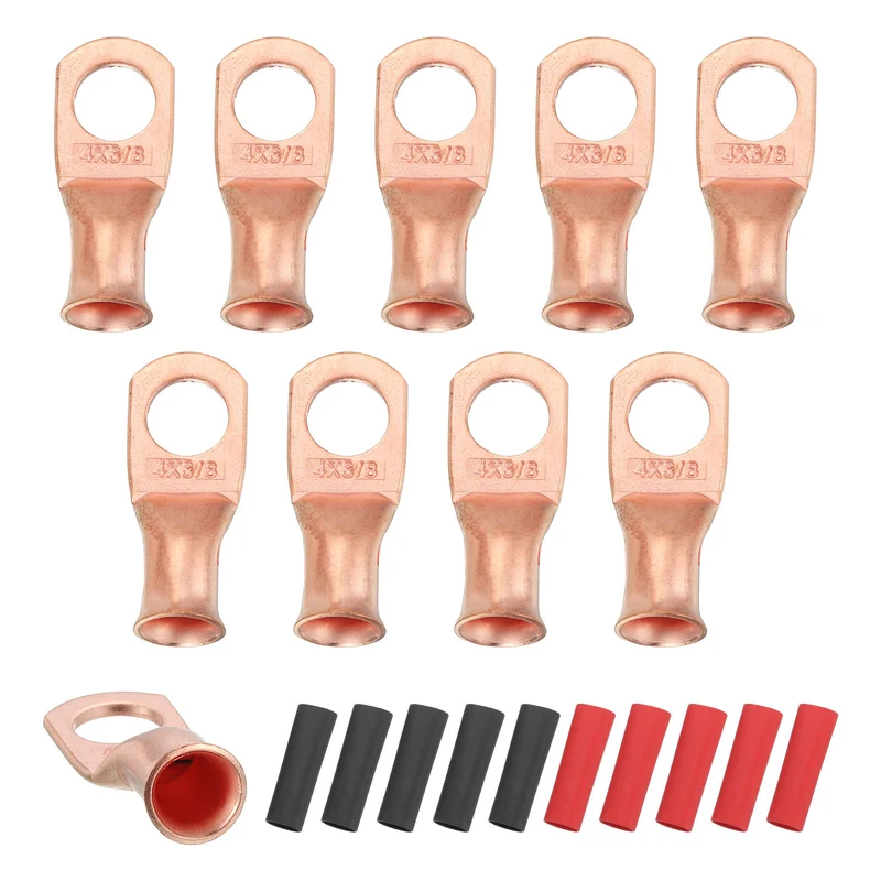 10 Pcs 3/8" Stud 4AWG Battery Cable End with 10pcs 2:1 Heat Shrink, Gold