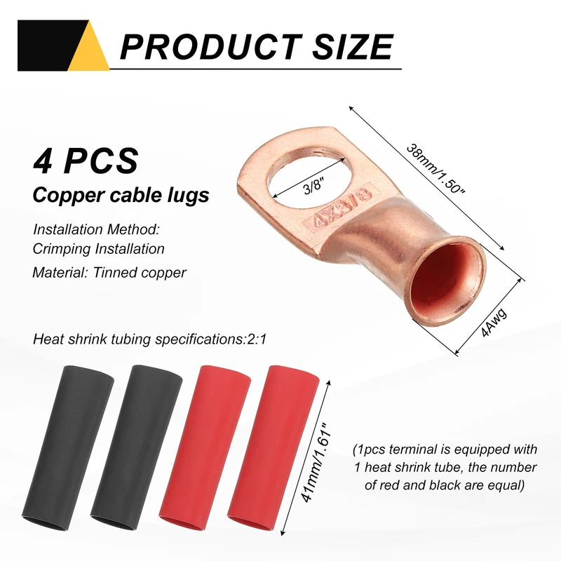 4 Pcs 3/8" Stud 4AWG Battery Cable End with 4pcs 2:1 Heat Shrink, Gold