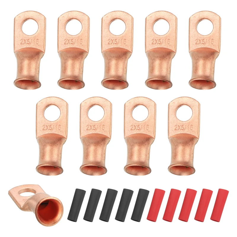 10 Pcs 5/16" Stud 2AWG Battery Cable End with 10pcs 2:1 Heat Shrink, Gold