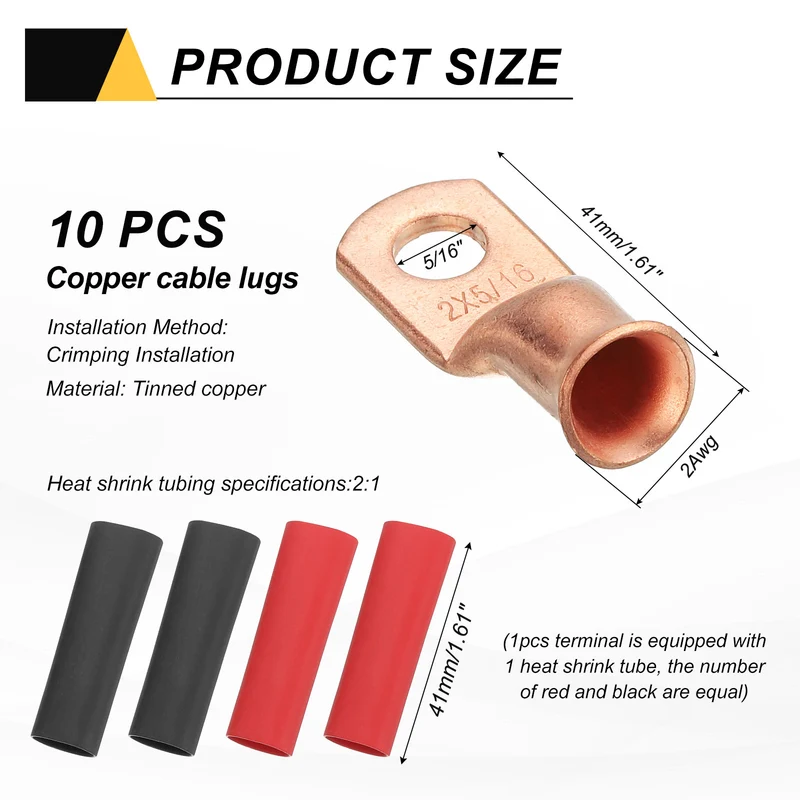 10 Pcs 5/16" Stud 2AWG Battery Cable End with 10pcs 2:1 Heat Shrink, Gold