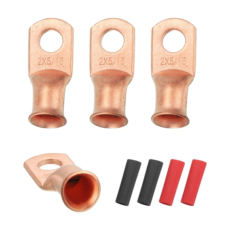 4 Pcs 5/16" Stud 2AWG Battery Cable End with 4pcs 2:1 Heat Shrink, Gold