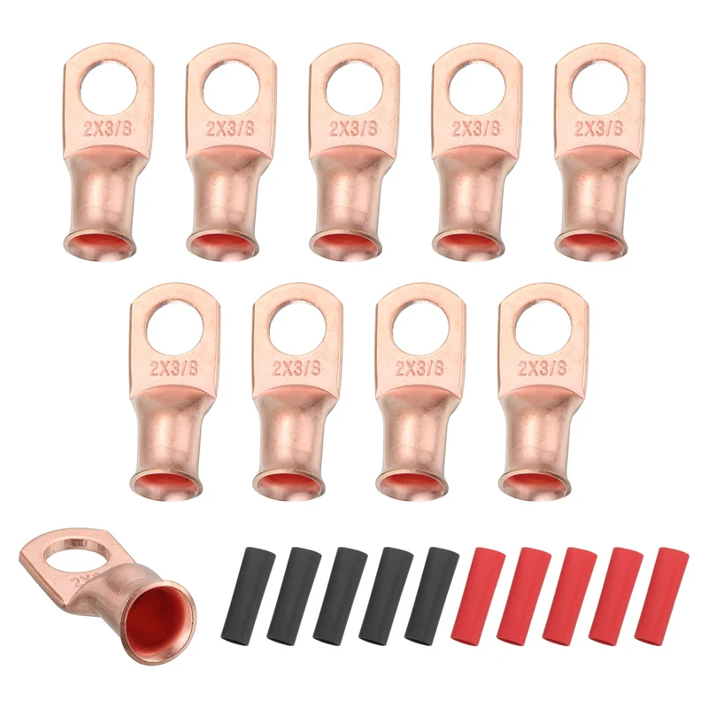 10 Pcs 3/8" Stud 2AWG Battery Cable End with 10pcs 2:1 Heat Shrink, Gold