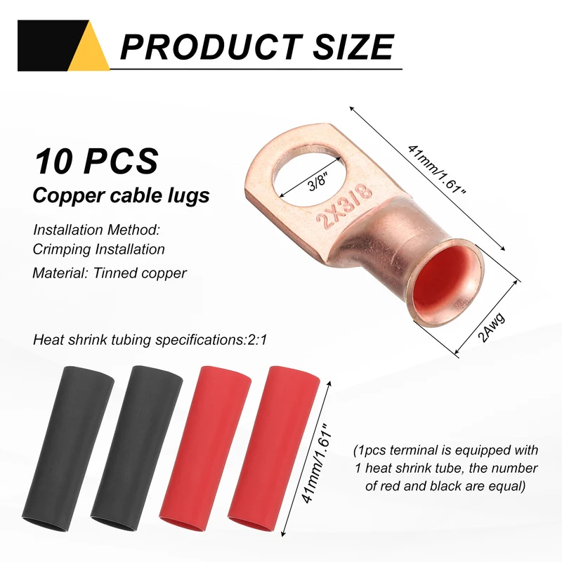 10 Pcs 3/8" Stud 2AWG Battery Cable End with 10pcs 2:1 Heat Shrink, Gold