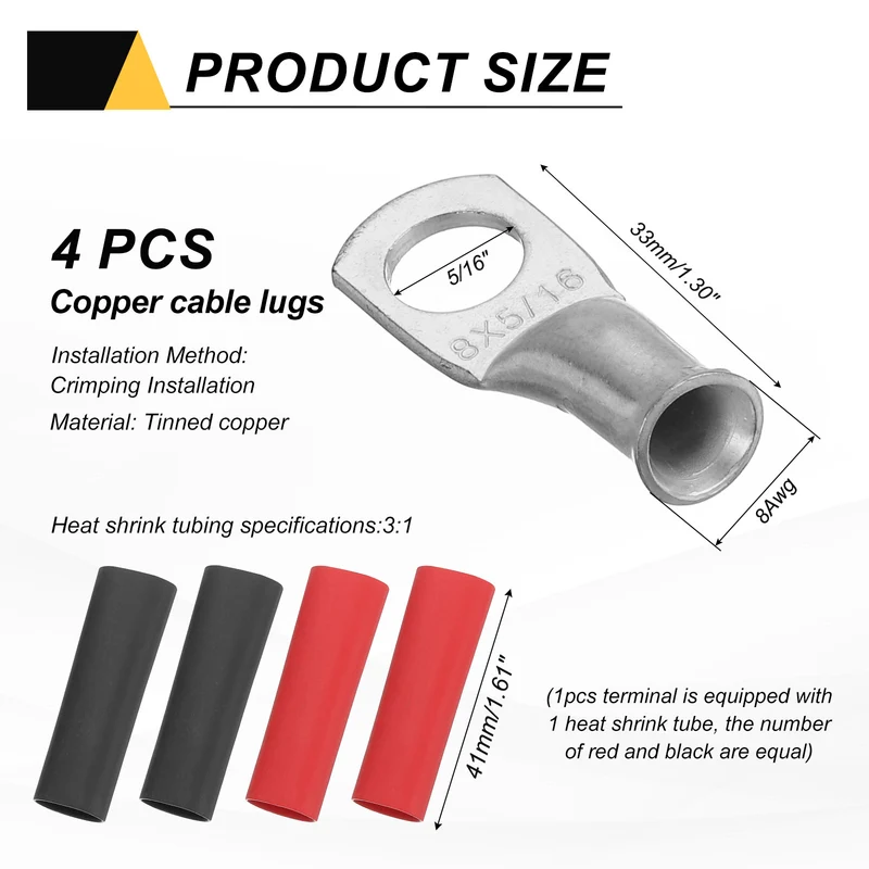 4 Pcs 5/16" Stud 8AWG Battery Lugs Ring Terminal with 4pcs Heat Shrink, Silver