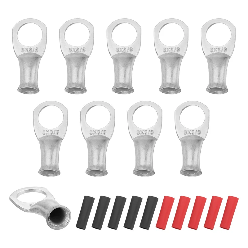 10 Pcs 3/8" Stud 8AWG Battery Lugs Ring Terminal with 10pcs Heat Shrink, Silver
