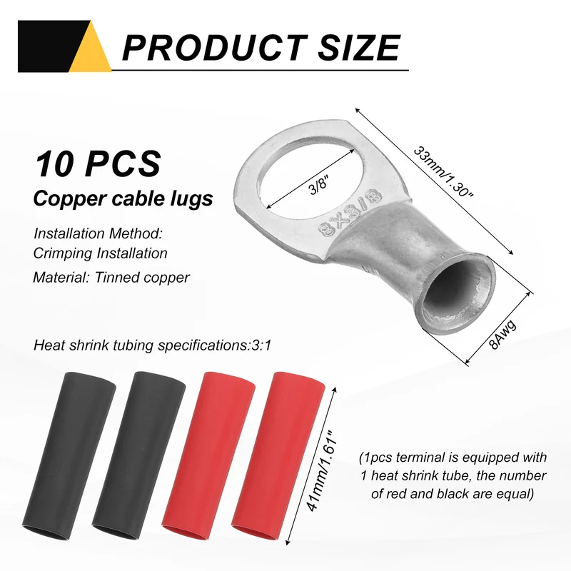 10 Pcs 3/8" Stud 8AWG Battery Lugs Ring Terminal with 10pcs Heat Shrink, Silver