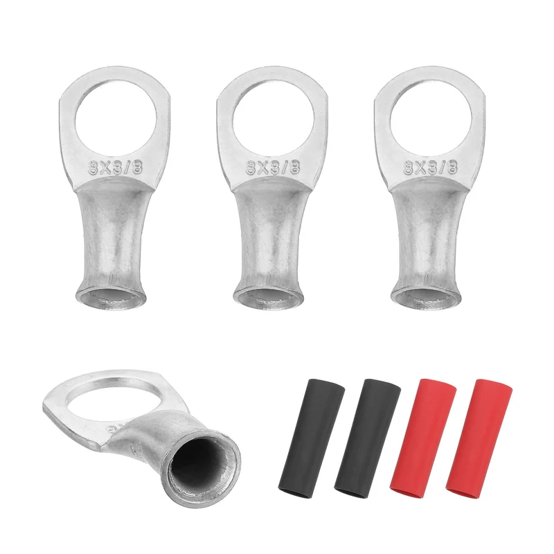 4 Pcs 3/8" Stud 8AWG Battery Lugs Ring Terminal with 4pcs Heat Shrink, Silver