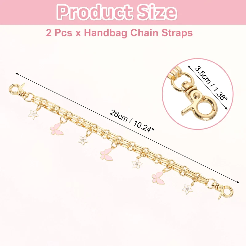 2Pcs 10" Flower Butterfly Pendant Handbag Chain Straps, Pink/White