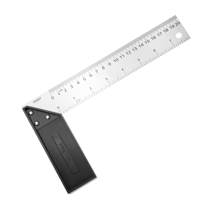8 Inch Stainless Steel Woodworking Square Ruler, Silver Black