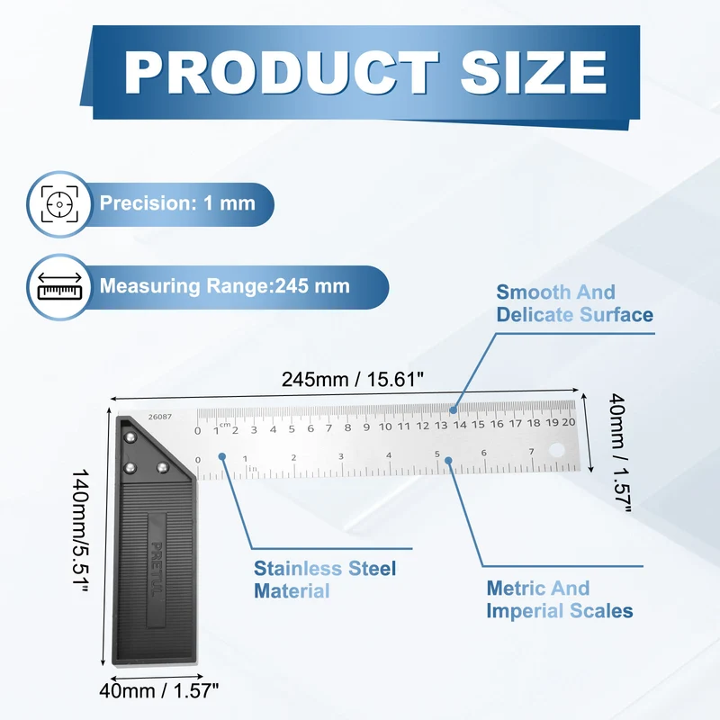 8 Inch Stainless Steel Woodworking Square Ruler, Silver Black
