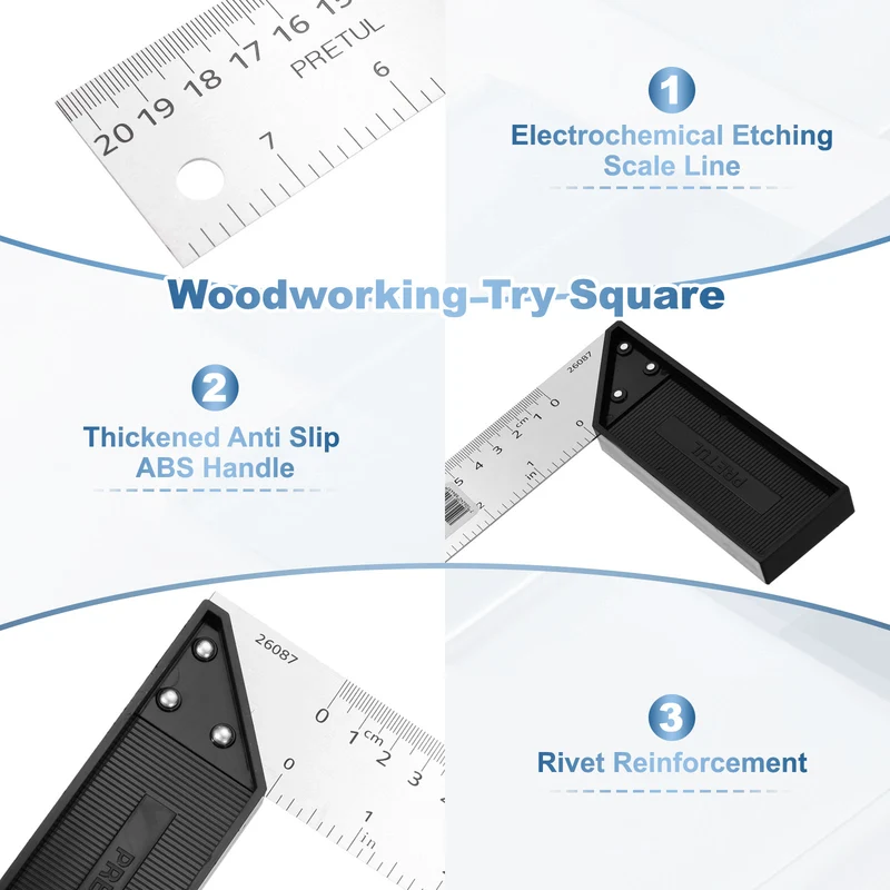 8 Inch Stainless Steel Woodworking Square Ruler, Silver Black