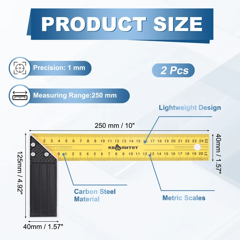 2Pcs 10 Inch Woodworking Square Ruler Metal Metric Try Square, Yellow Black