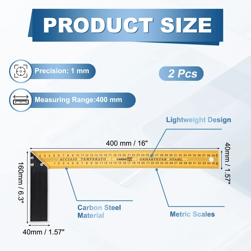 2Pcs 16 Inch Woodworking Square Ruler Metal Metric Try Square, Yellow Black