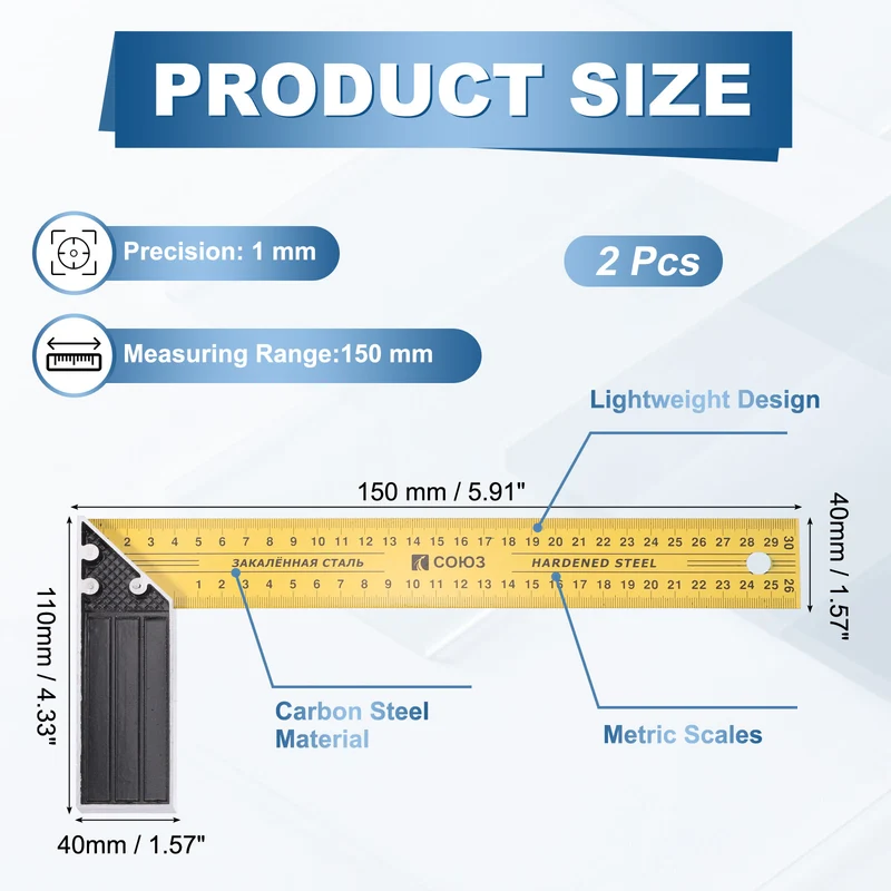 2Pcs 6 Inch Woodworking Square Ruler Metal Metric Try Square, Yellow Black