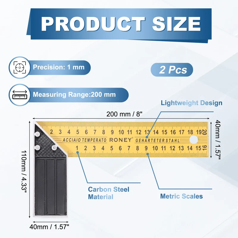 2Pcs 8 Inch Woodworking Square Ruler Metal Metric Try Square, Yellow Black