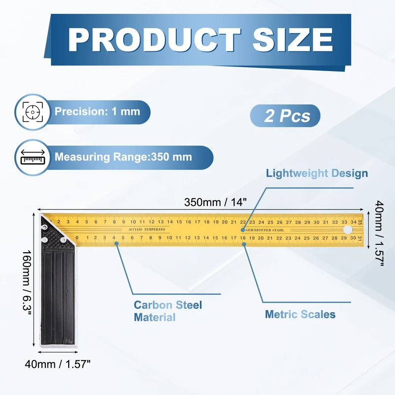 2Pcs 14 Inch Woodworking Square Ruler Metal Metric Try Square, Yellow Black
