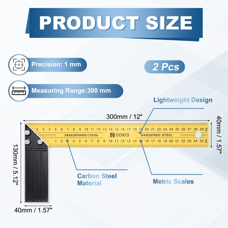 2Pcs 12 Inch Woodworking Square Ruler Metal Metric Try Square, Yellow Black