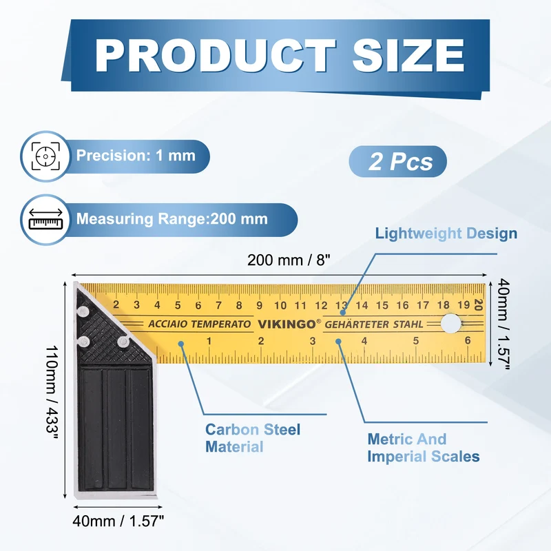 2Pcs 8 Inch Woodworking Square Ruler Metal Try Square, Yellow Black