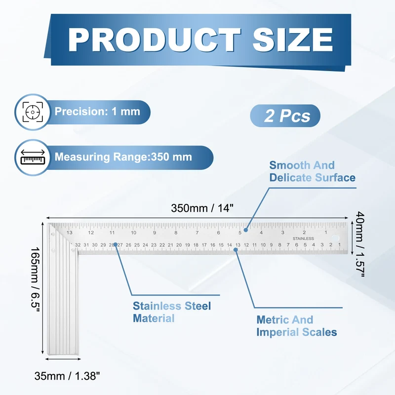2Pcs 14" Woodworking Square Ruler Stainless Steel Try Square with Alloy Handle