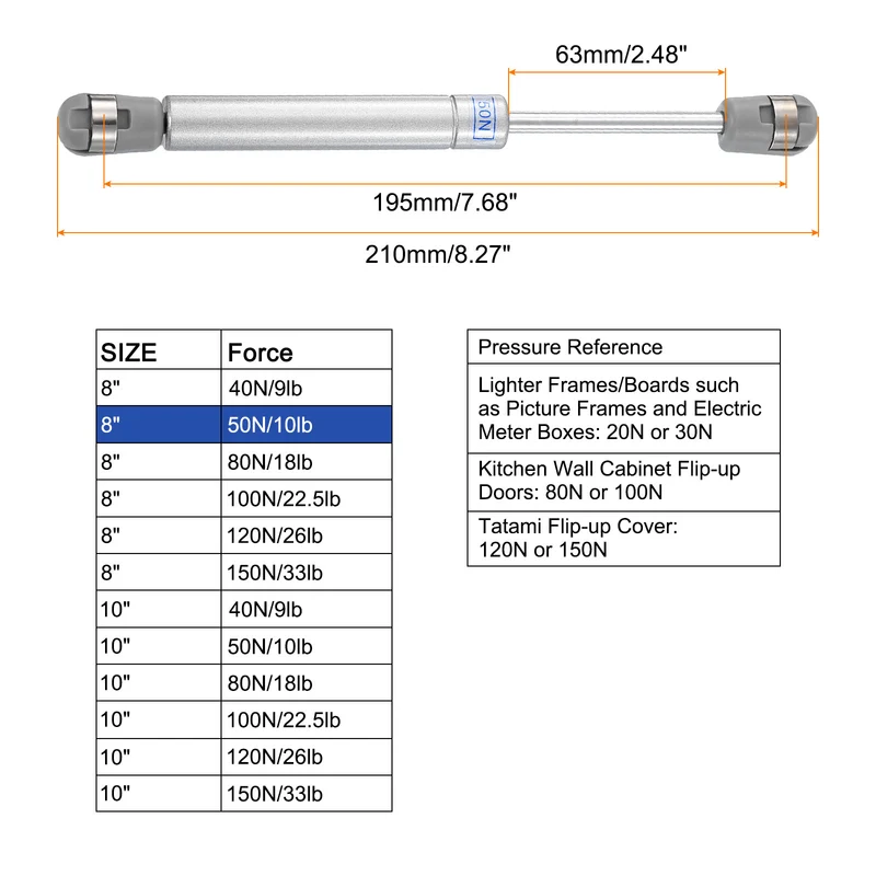 8 Inch 50N/10lb Gas Shock Strut Lift Support Silver Set of 2