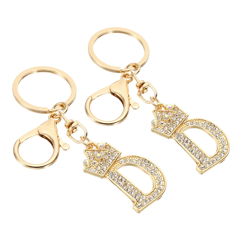 Initial Letter Keychain, 2 Pcs Letter D Crown Design Charm, Gold Tone
