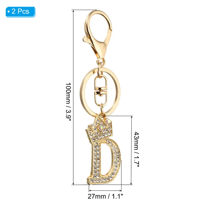 Initial Letter Keychain, 2 Pcs Letter D Crown Design Charm, Gold Tone