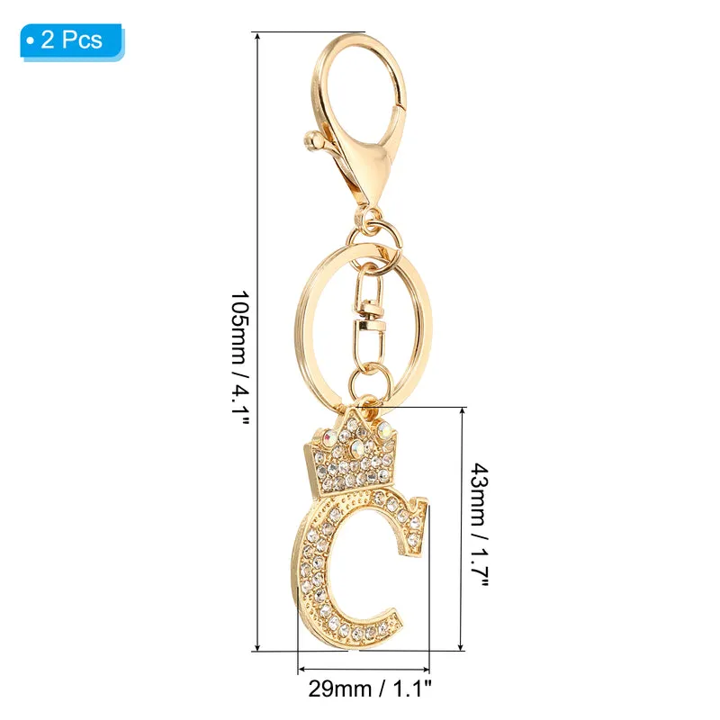 Initial Letter Keychain, 2 Pcs Letter C Crown Design Charm, Gold Tone
