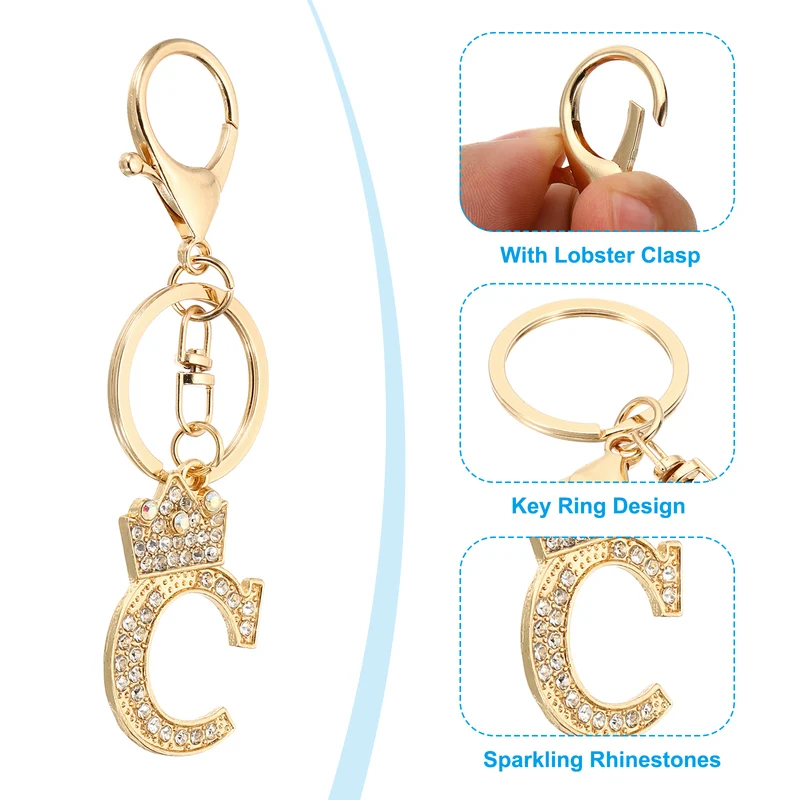 Initial Letter Keychain, 2 Pcs Letter C Crown Design Charm, Gold Tone