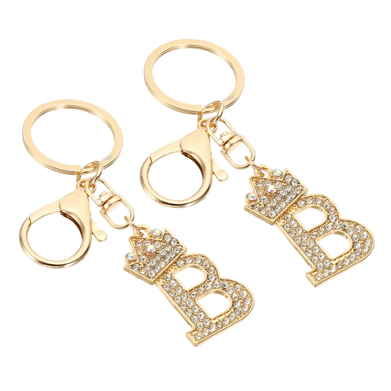 Initial Letter Keychain, 2 Pcs Letter B Crown Design Charm, Gold Tone