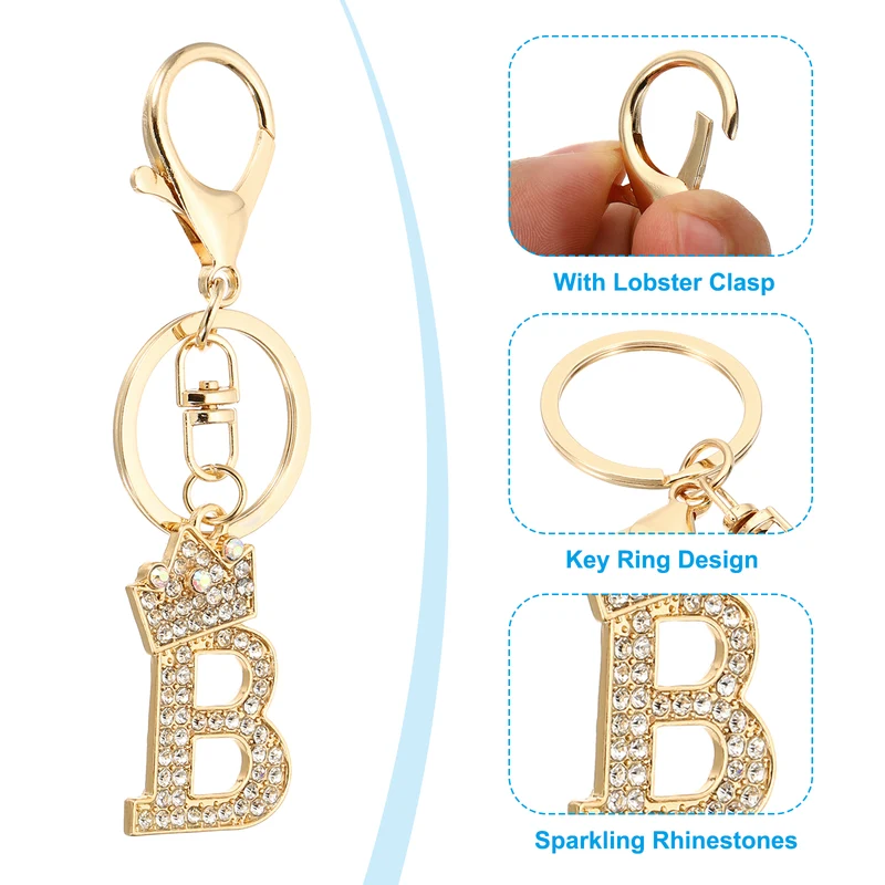 Initial Letter Keychain, 2 Pcs Letter B Crown Design Charm, Gold Tone