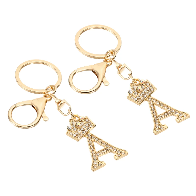 Initial Letter Keychain, 2 Pcs Letter A Crown Design Charm, Gold Tone