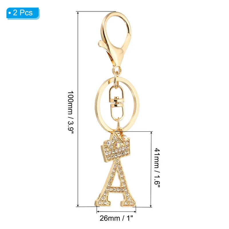 Initial Letter Keychain, 2 Pcs Letter A Crown Design Charm, Gold Tone