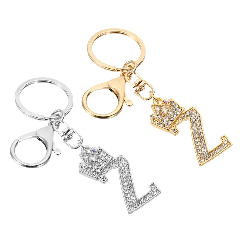 Initial Letter Keychain, 2 Pcs Letter Z Crown Design Charm, Gold/Silver